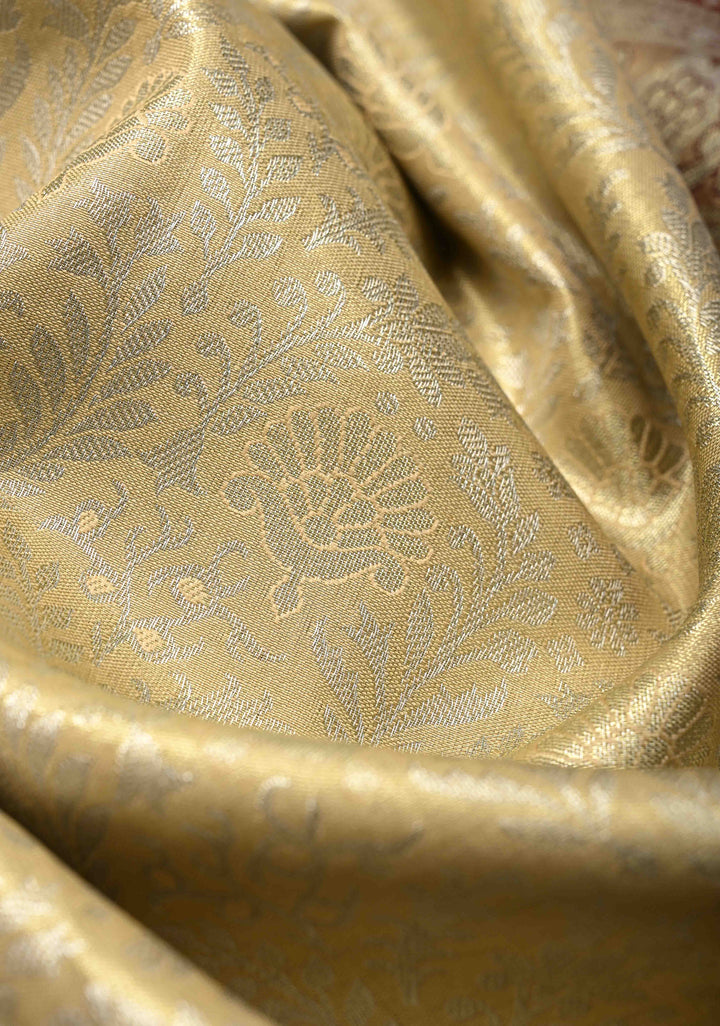 Beige Kanjivaram Tissue Semi Silk Saree with Meenakari Floral Brocade Jaal and Contrast Zari Border
