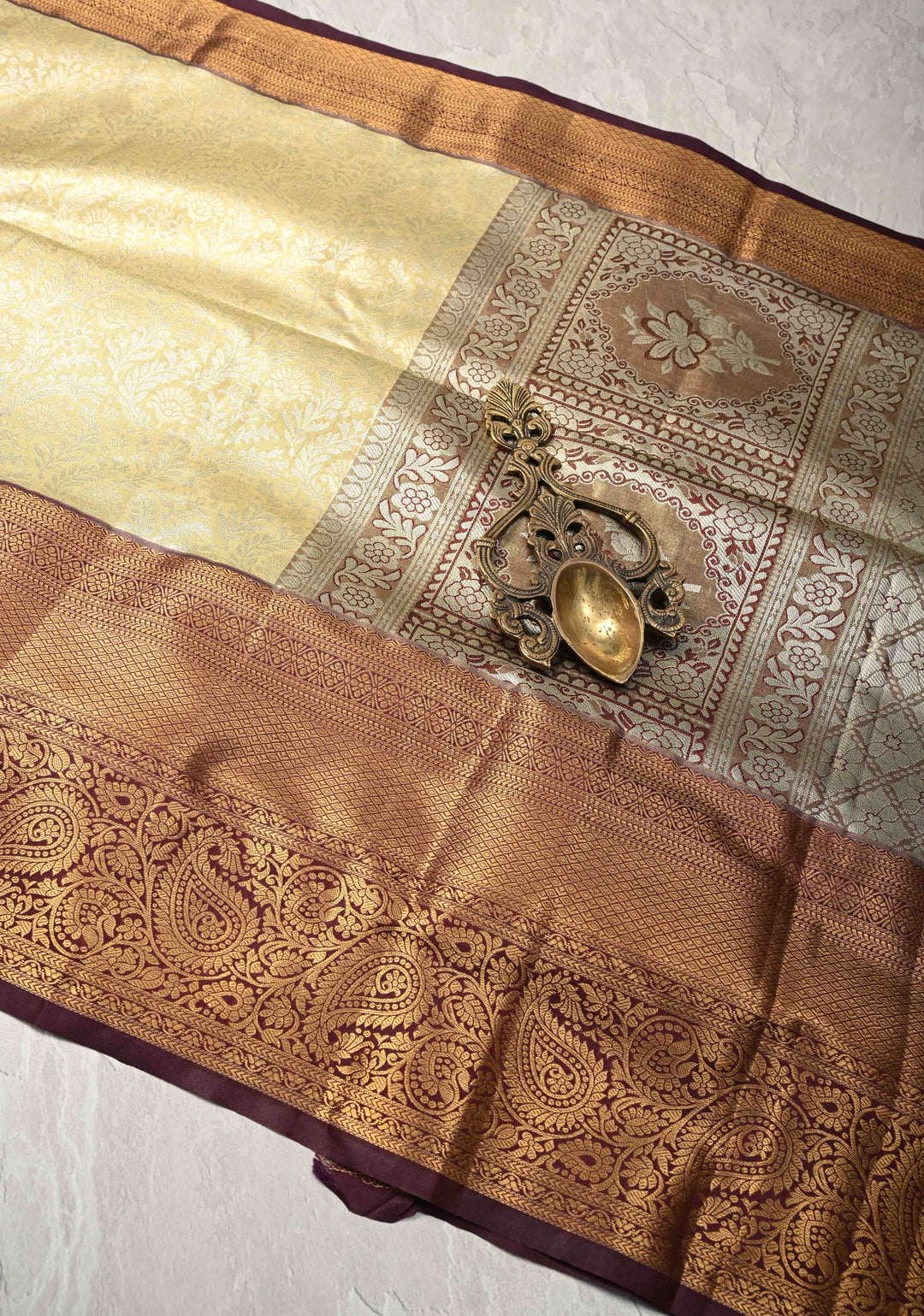 Beige Kanjivaram Tissue Semi Silk Saree with Meenakari Floral Brocade Jaal and Contrast Zari Border