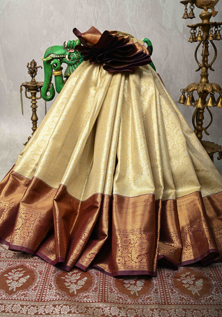 Beige Kanjivaram Tissue Semi Silk Saree with Meenakari Floral Brocade Jaal and Contrast Zari Border