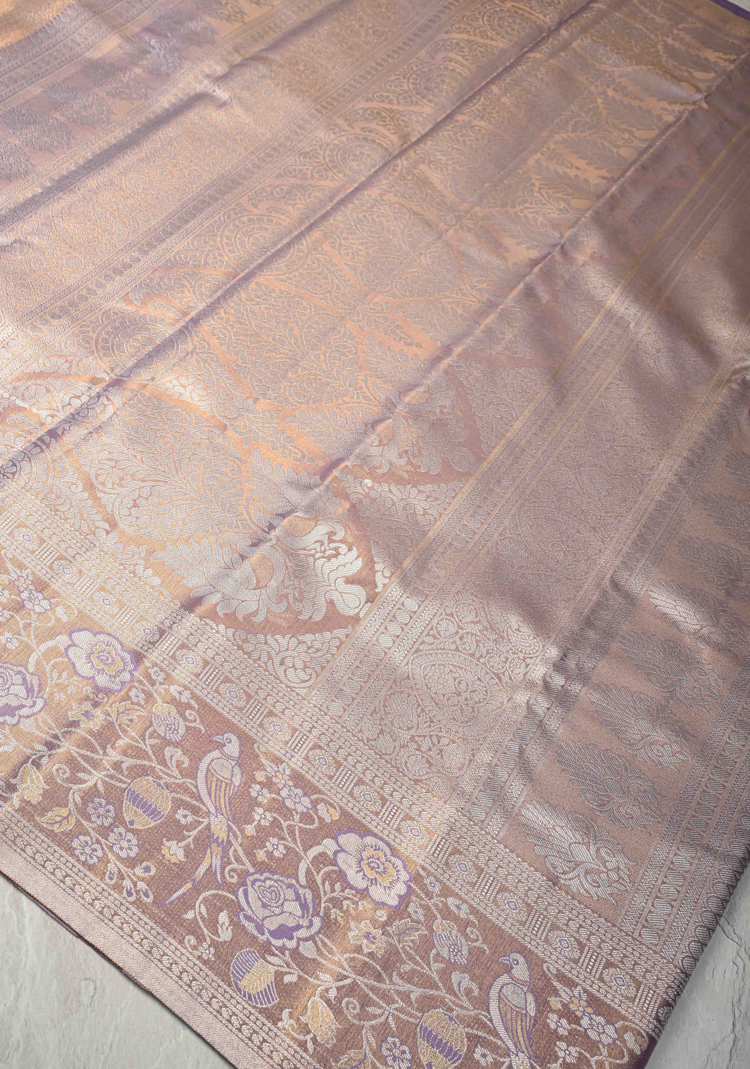 Tan Peach Tissue Semi Silk Saree with Rangoli Brocade Jaal and Meenakari Zari Border