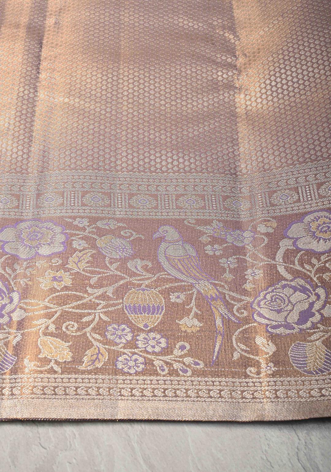 Tan Peach Tissue Semi Silk Saree with Rangoli Brocade Jaal and Meenakari Zari Border
