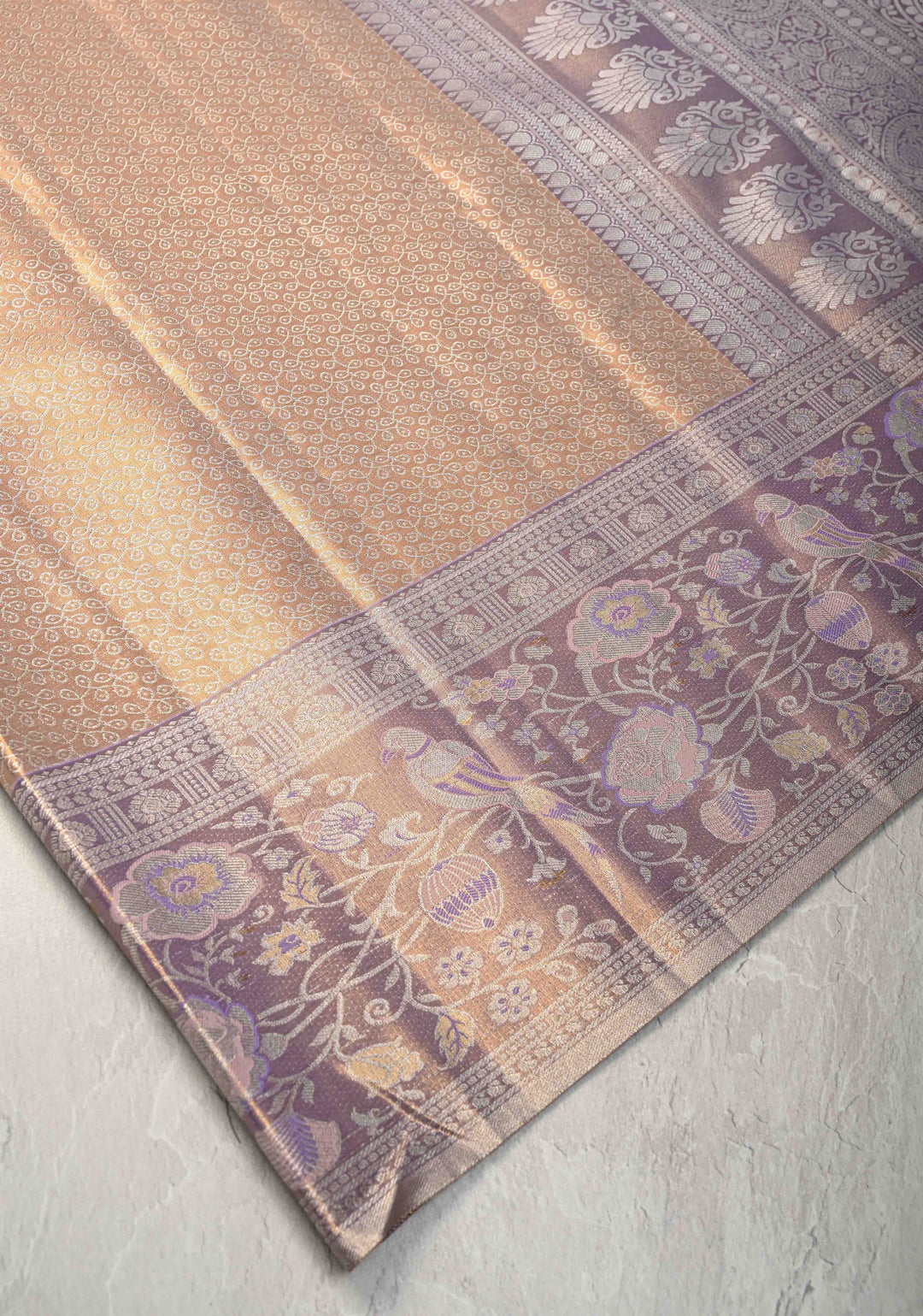 Tan Peach Tissue Semi Silk Saree with Rangoli Brocade Jaal and Meenakari Zari Border