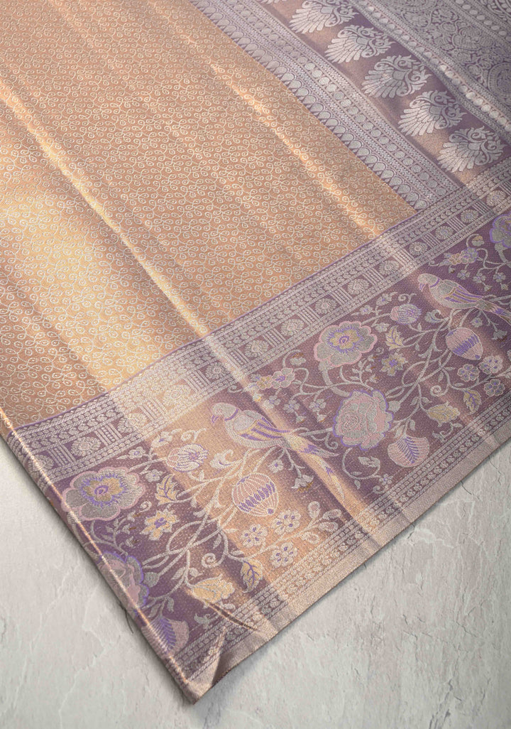Tan Peach Tissue Semi Silk Saree with Rangoli Brocade Jaal and Meenakari Zari Border