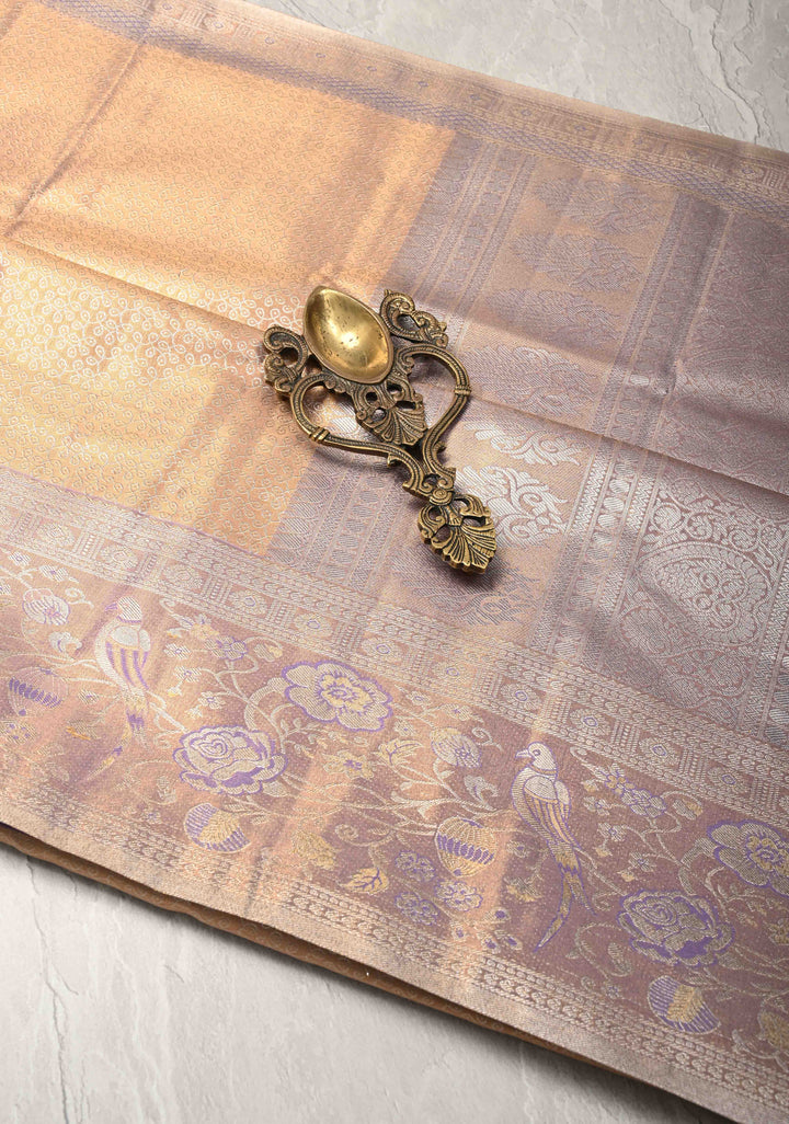 Tan Peach Tissue Semi Silk Saree with Rangoli Brocade Jaal and Meenakari Zari Border