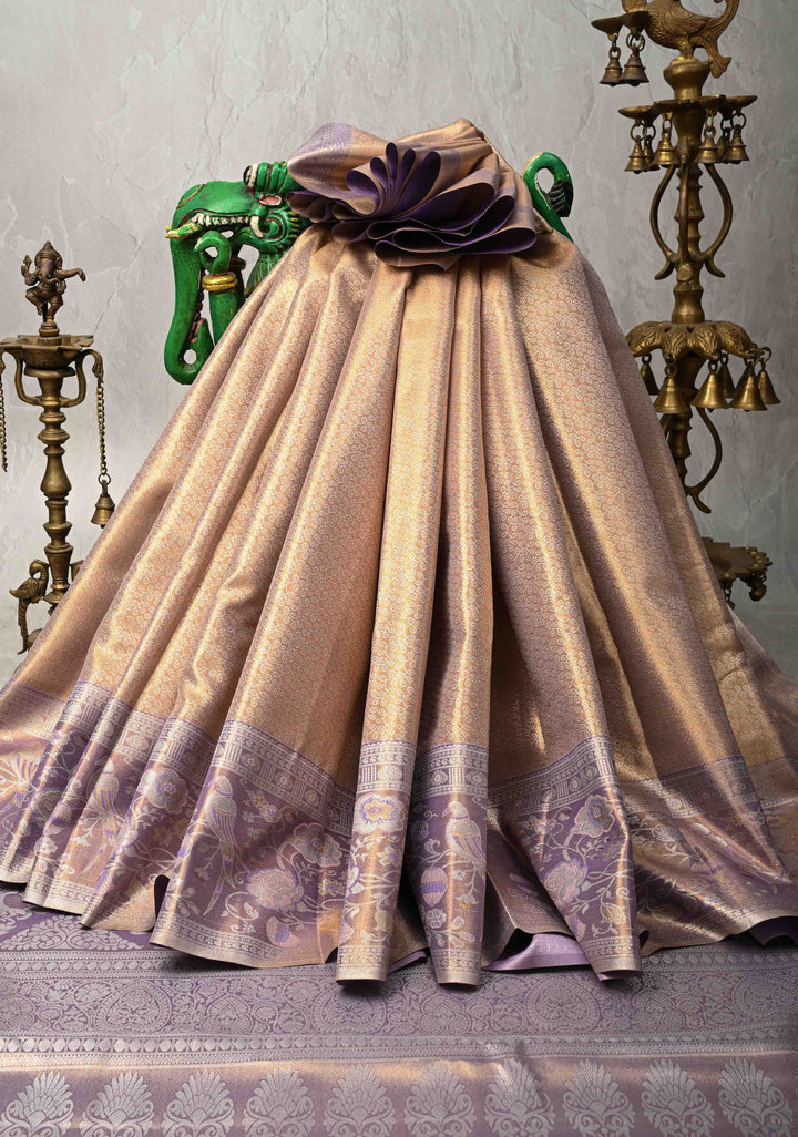 Tan Peach Tissue Semi Silk Saree with Rangoli Brocade Jaal and Meenakari Zari Border