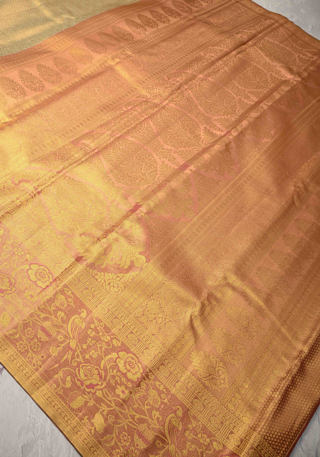 Tan Gold Kanjivaram Tissue Semi Silk Saree with Rangoli Brocade Jaal and Meenakari Parrot Zari Border
