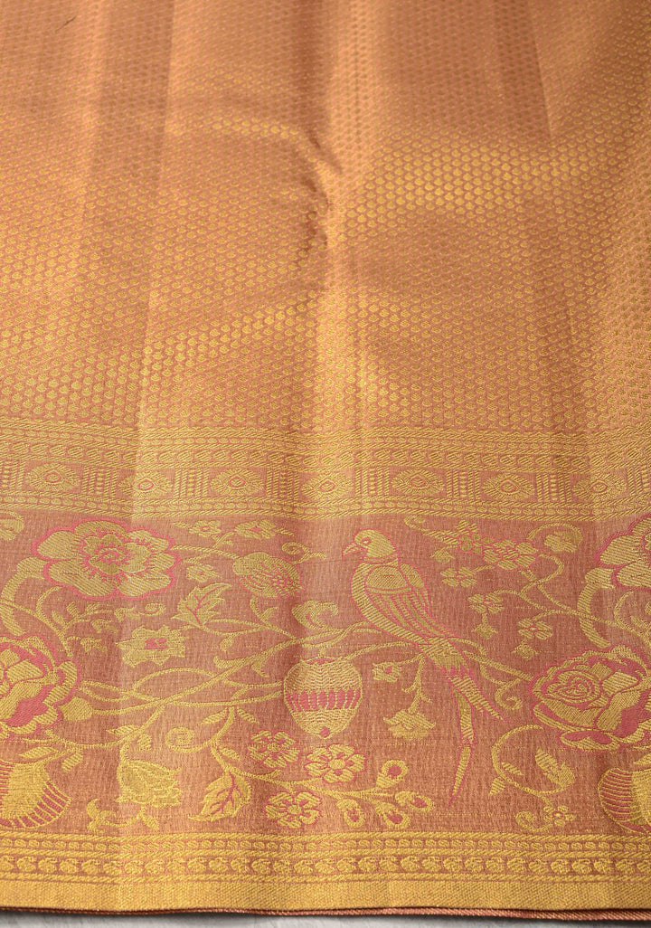 Tan Gold Kanjivaram Tissue Semi Silk Saree with Rangoli Brocade Jaal and Meenakari Parrot Zari Border