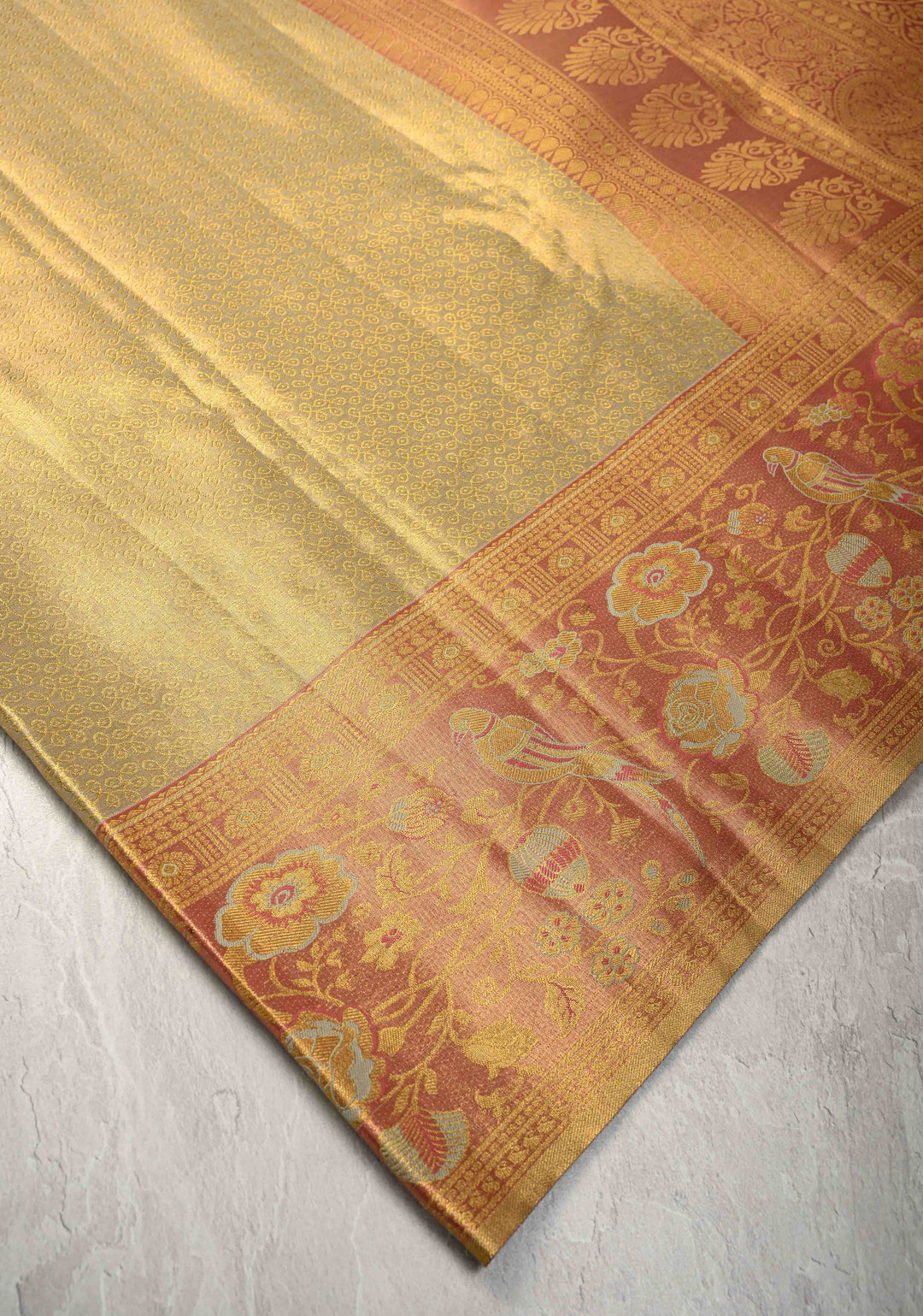 Tan Gold Kanjivaram Tissue Semi Silk Saree with Rangoli Brocade Jaal and Meenakari Parrot Zari Border