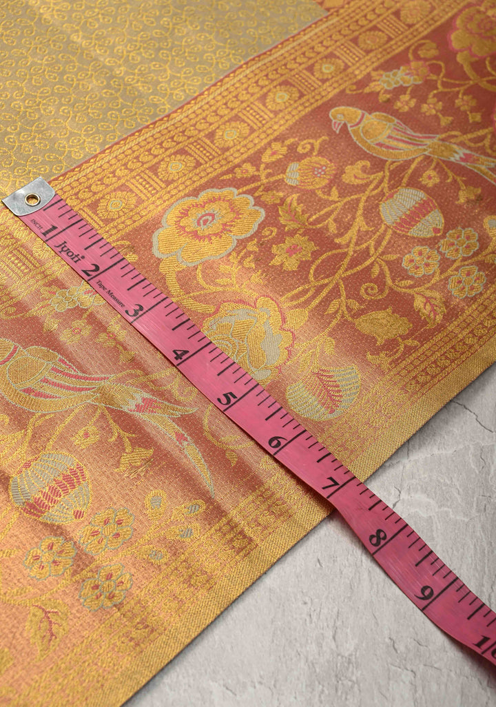 Tan Gold Kanjivaram Tissue Semi Silk Saree with Rangoli Brocade Jaal and Meenakari Parrot Zari Border