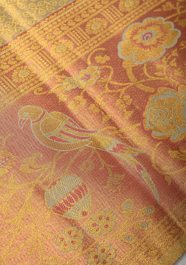Tan Gold Kanjivaram Tissue Semi Silk Saree with Rangoli Brocade Jaal and Meenakari Parrot Zari Border