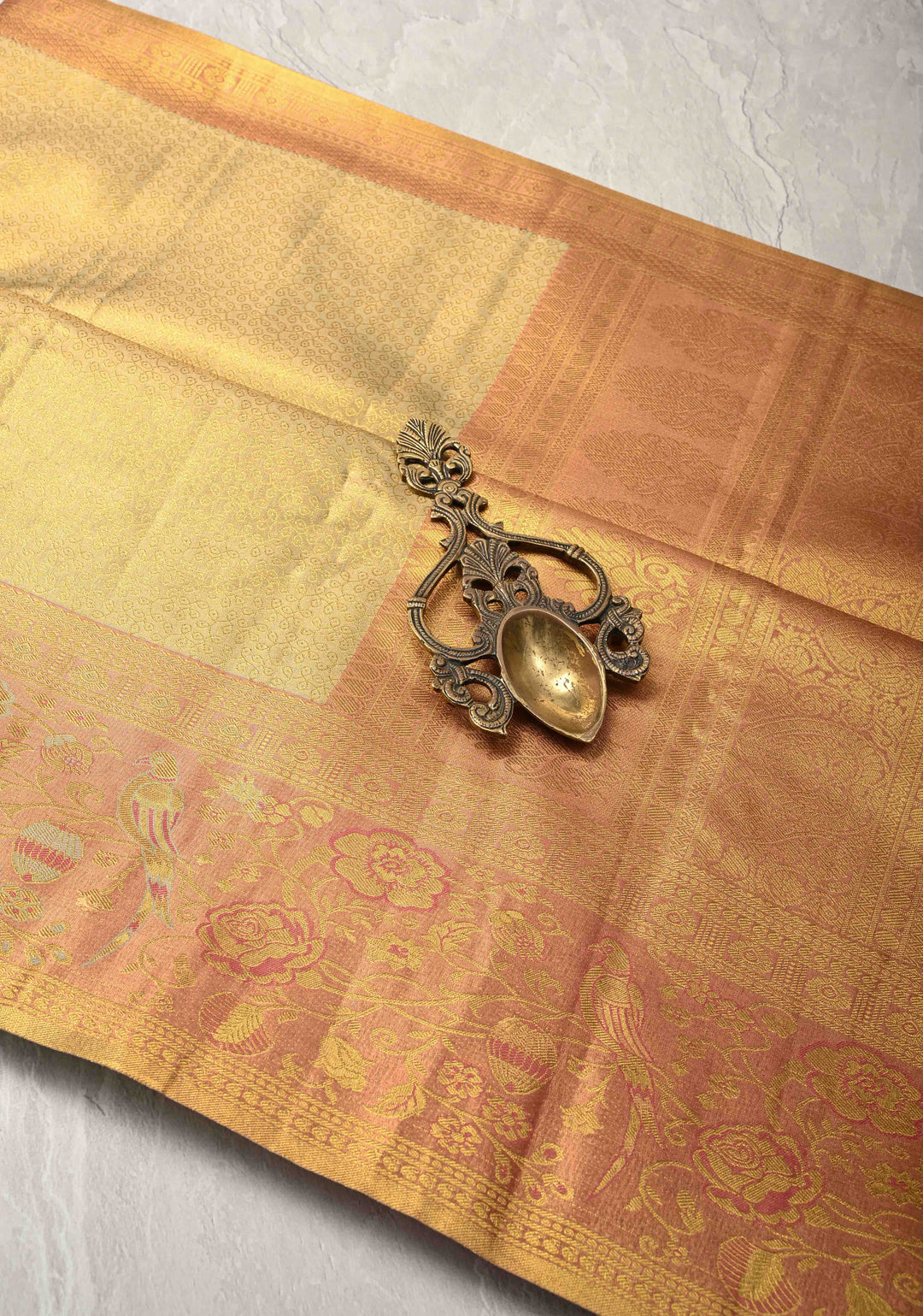 Tan Gold Kanjivaram Tissue Semi Silk Saree with Rangoli Brocade Jaal and Meenakari Parrot Zari Border
