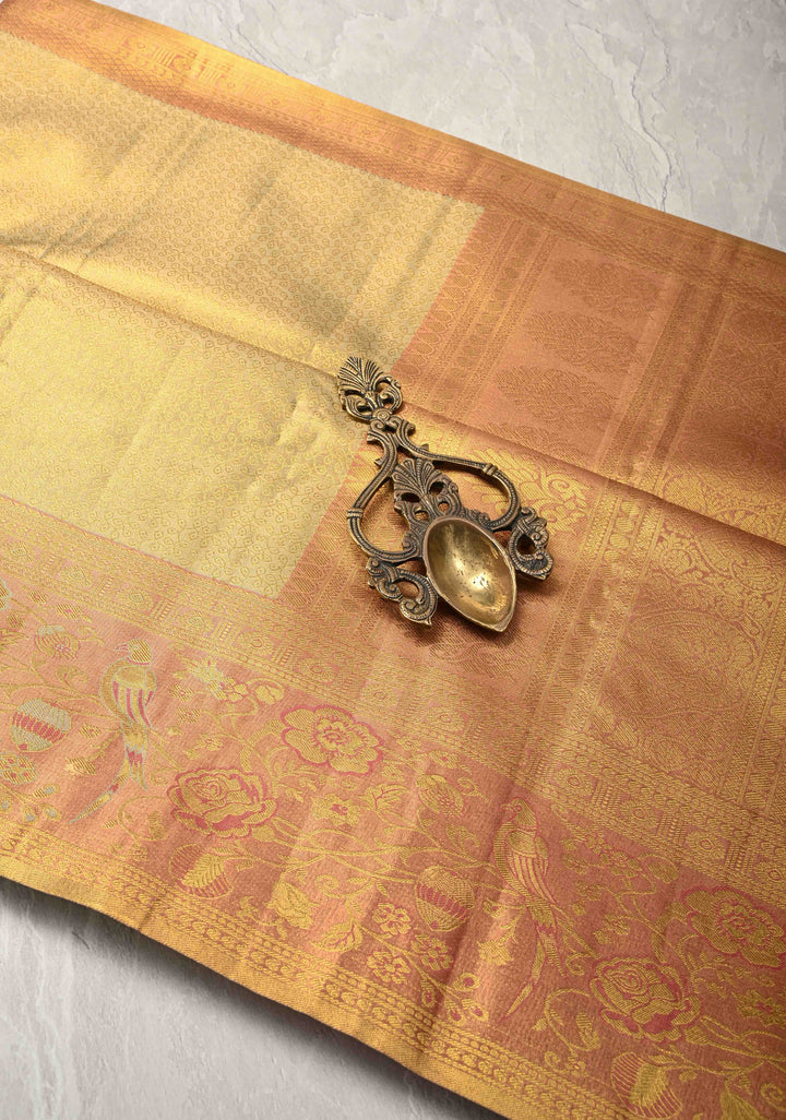 Tan Gold Kanjivaram Tissue Semi Silk Saree with Rangoli Brocade Jaal and Meenakari Parrot Zari Border