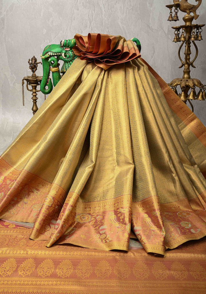 Tan Gold Kanjivaram Tissue Semi Silk Saree with Rangoli Brocade Jaal and Meenakari Parrot Zari Border
