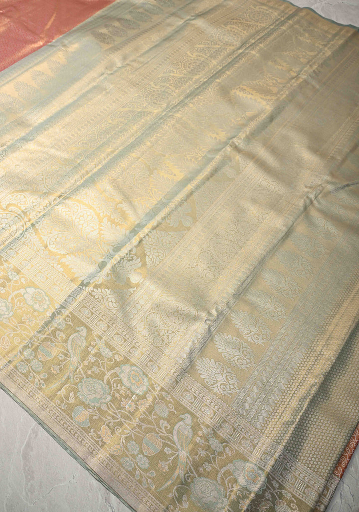 Rose Pink Kanjivaram Tissue Semi Silk Saree with Rangoli Brocade Jaal and Meenakari Zari Border