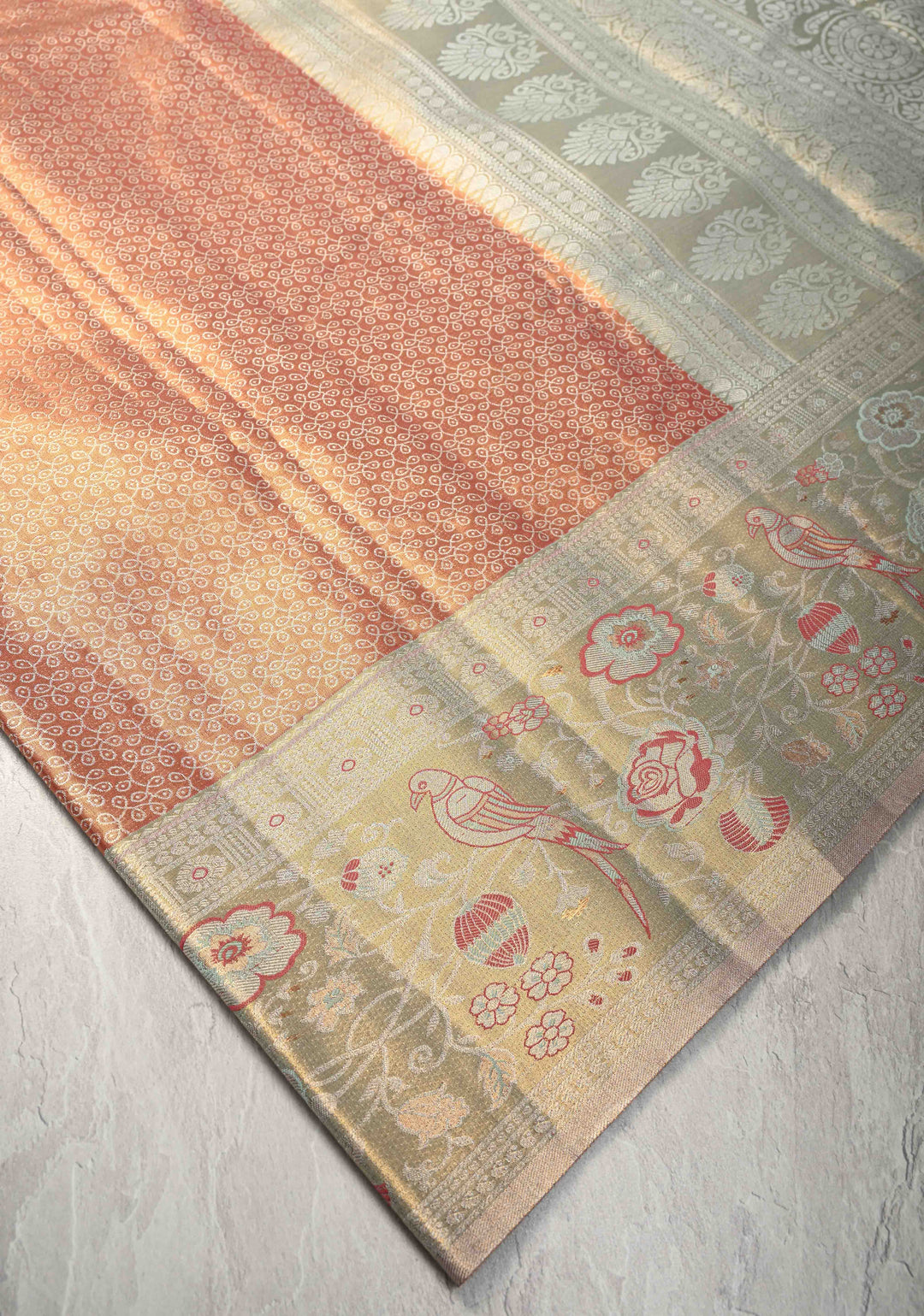 Rose Pink Kanjivaram Tissue Semi Silk Saree with Rangoli Brocade Jaal and Meenakari Zari Border
