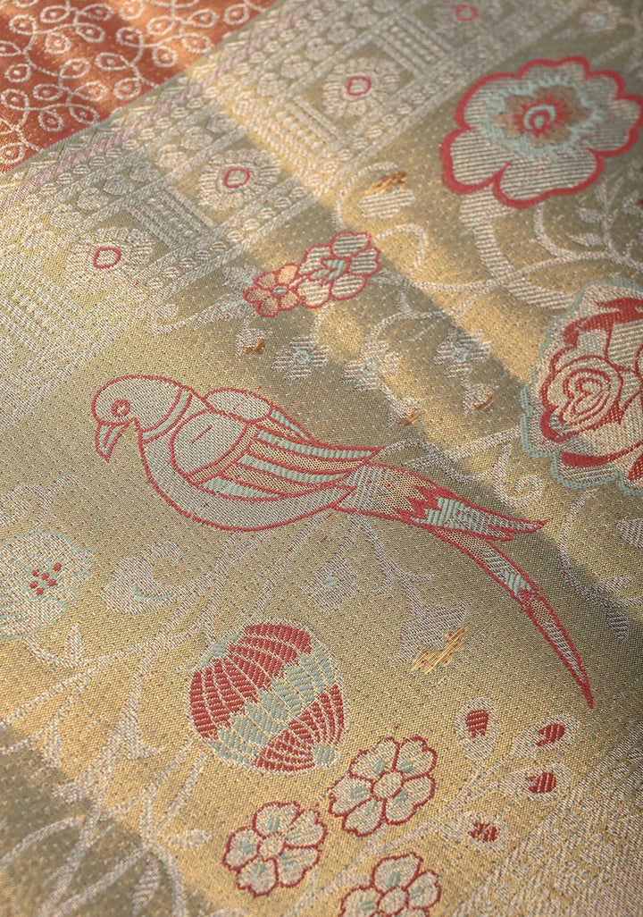 Rose Pink Kanjivaram Tissue Semi Silk Saree with Rangoli Brocade Jaal and Meenakari Zari Border