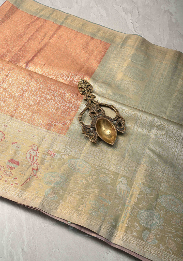 Rose Pink Kanjivaram Tissue Semi Silk Saree with Rangoli Brocade Jaal and Meenakari Zari Border