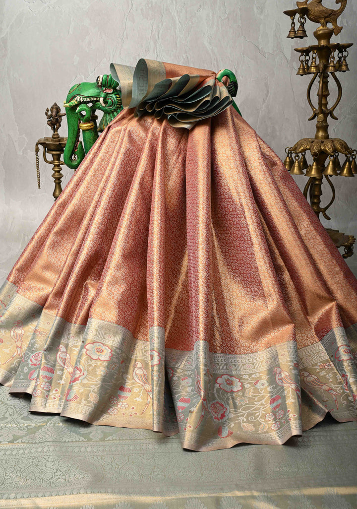 Rose Pink Kanjivaram Tissue Semi Silk Saree with Rangoli Brocade Jaal and Meenakari Zari Border