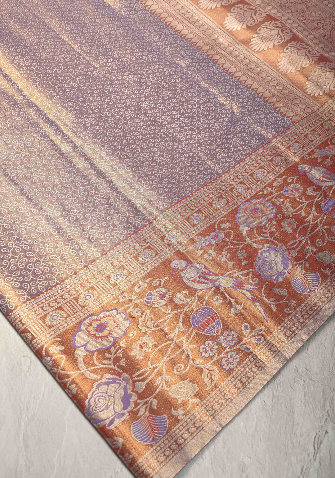 Lilac Kanjivaram Semi Silk Saree with Rangoli Brocade and Meenakari Zari Border