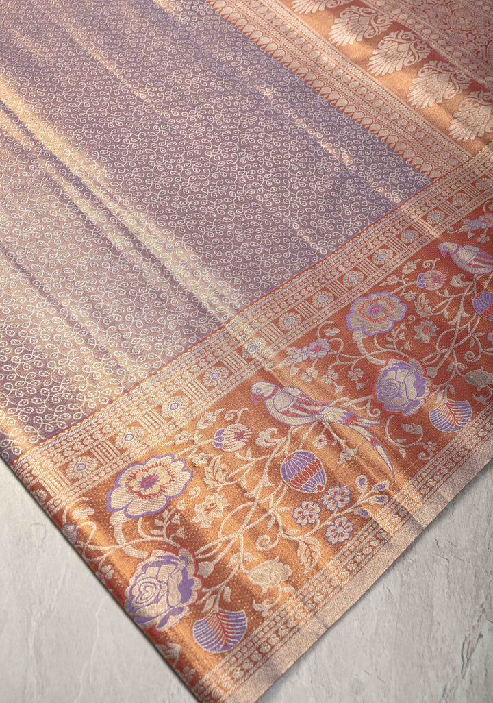 Lilac Kanjivaram Semi Silk Saree with Rangoli Brocade and Meenakari Zari Border
