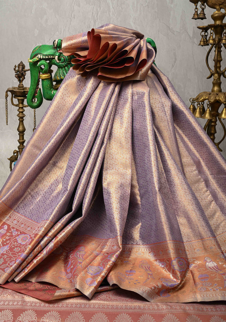 Lilac Kanjivaram Semi Silk Saree with Rangoli Brocade and Meenakari Zari Border