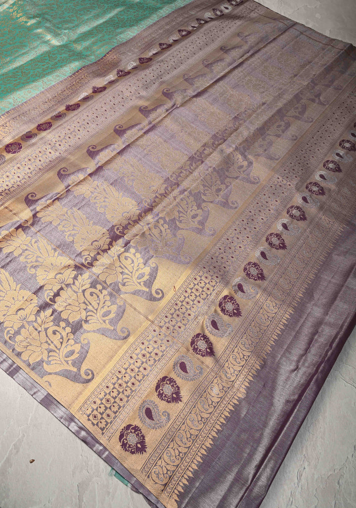 Spring Green Kanjivaram Floral Brocade Tissue Semi Silk Saree With Contrast Meenakari Zari Border