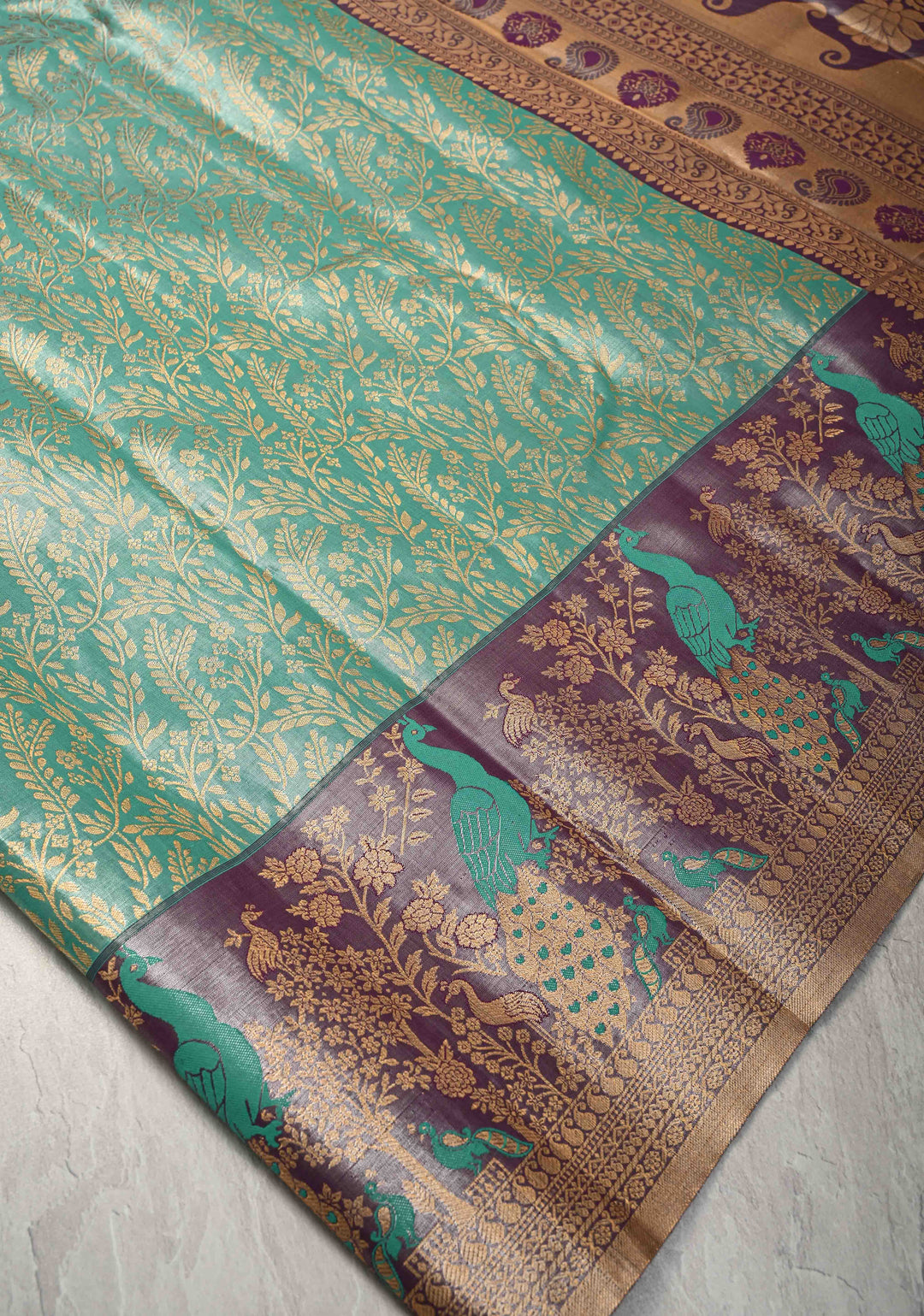 Spring Green Kanjivaram Floral Brocade Tissue Semi Silk Saree With Contrast Meenakari Zari Border