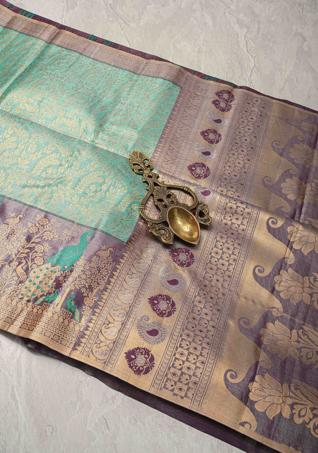 Spring Green Kanjivaram Floral Brocade Tissue Semi Silk Saree With Contrast Meenakari Zari Border
