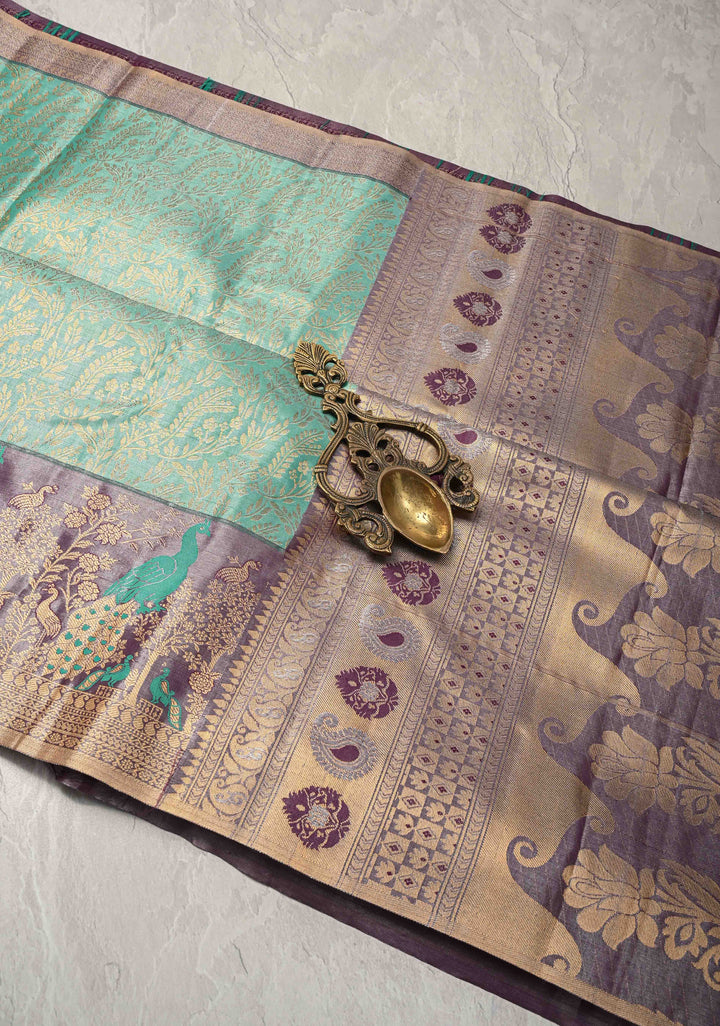 Spring Green Kanjivaram Floral Brocade Tissue Semi Silk Saree With Contrast Meenakari Zari Border