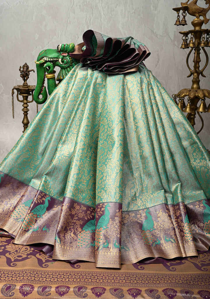 Spring Green Kanjivaram Floral Brocade Tissue Semi Silk Saree With Contrast Meenakari Zari Border