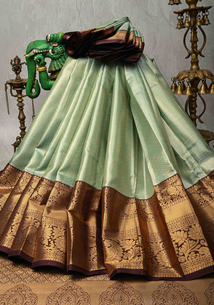 Fresh Mint Brocade Kanjivaram Tissue Semi Silk Saree with  Contrast Zari Border