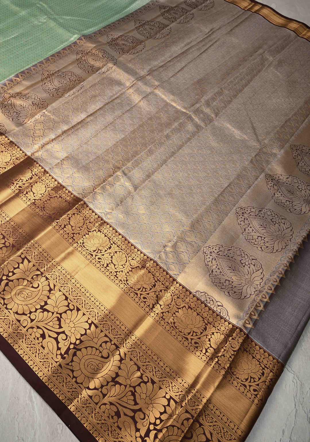Fresh Mint Brocade Kanjivaram Tissue Semi Silk Saree with  Contrast Zari Border