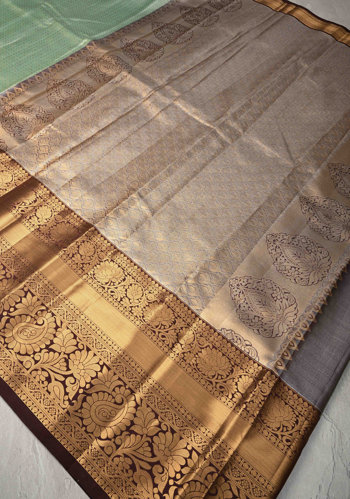 Fresh Mint Brocade Kanjivaram Tissue Semi Silk Saree with  Contrast Zari Border
