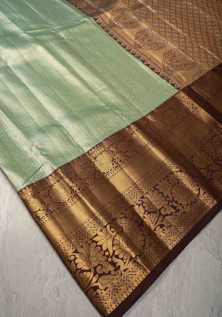Fresh Mint Brocade Kanjivaram Tissue Semi Silk Saree with  Contrast Zari Border