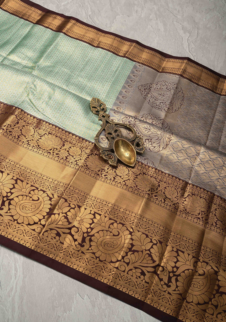 Fresh Mint Brocade Kanjivaram Tissue Semi Silk Saree with  Contrast Zari Border