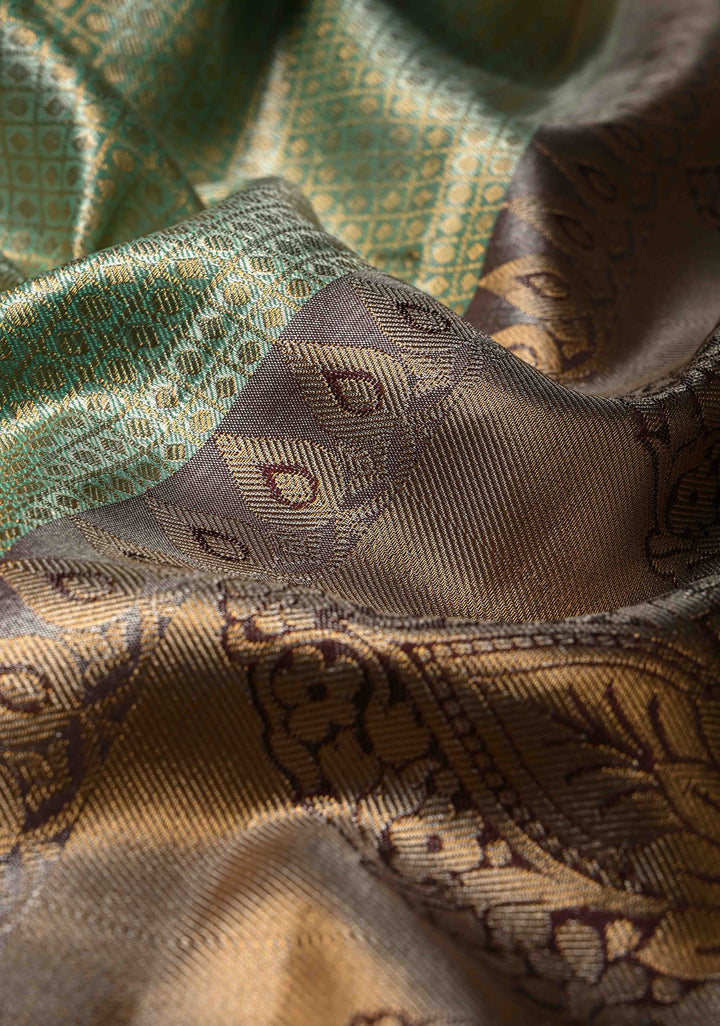 Fresh Mint Brocade Kanjivaram Tissue Semi Silk Saree with  Contrast Zari Border