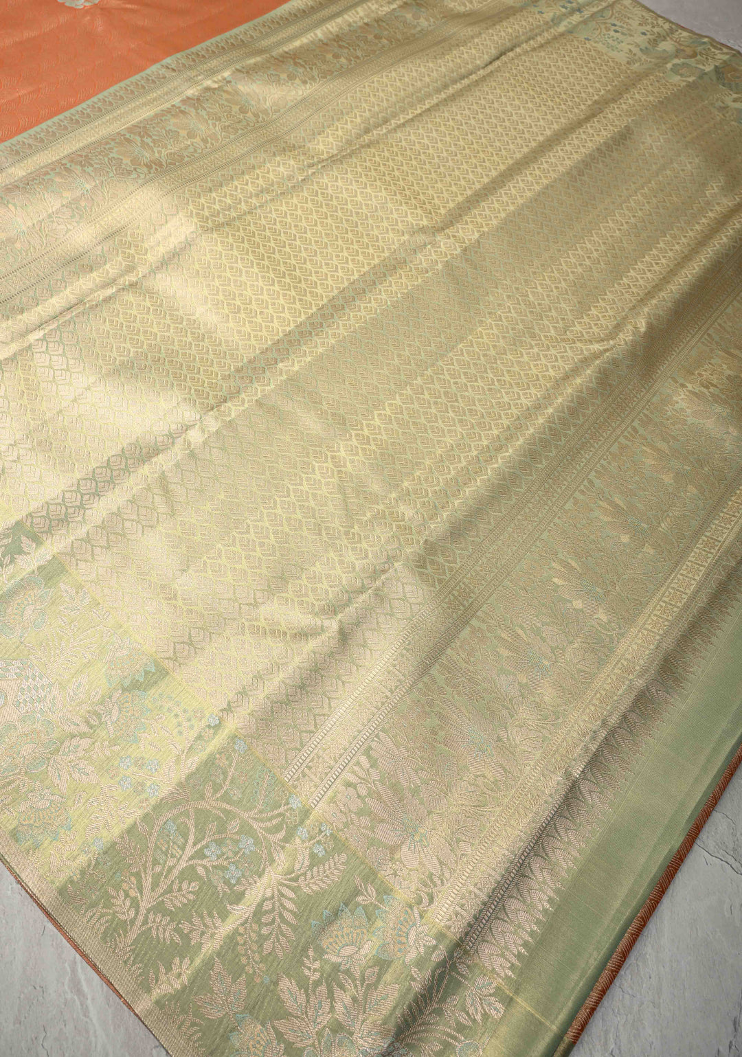 Orange Meenakari on Brocade Kanjivaram Tissue Semi Silk Saree with Swan Motifs and Zari Border