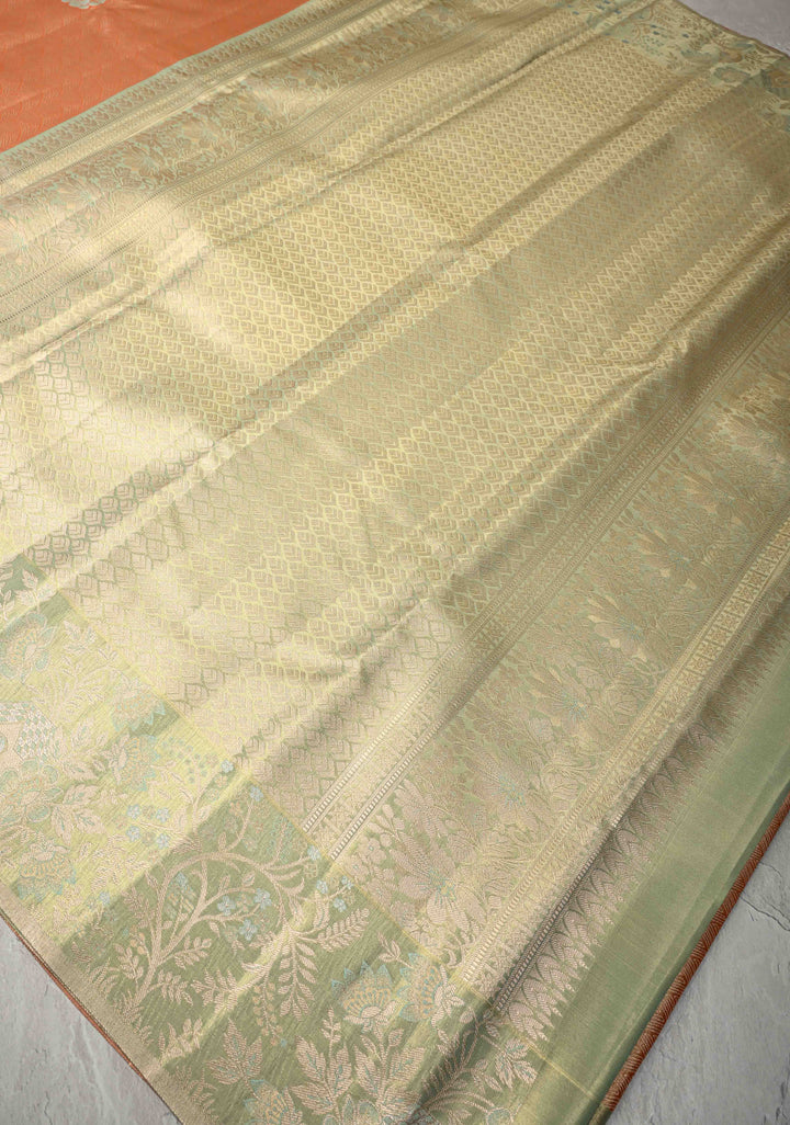 Orange Meenakari on Brocade Kanjivaram Tissue Semi Silk Saree with Swan Motifs and Zari Border