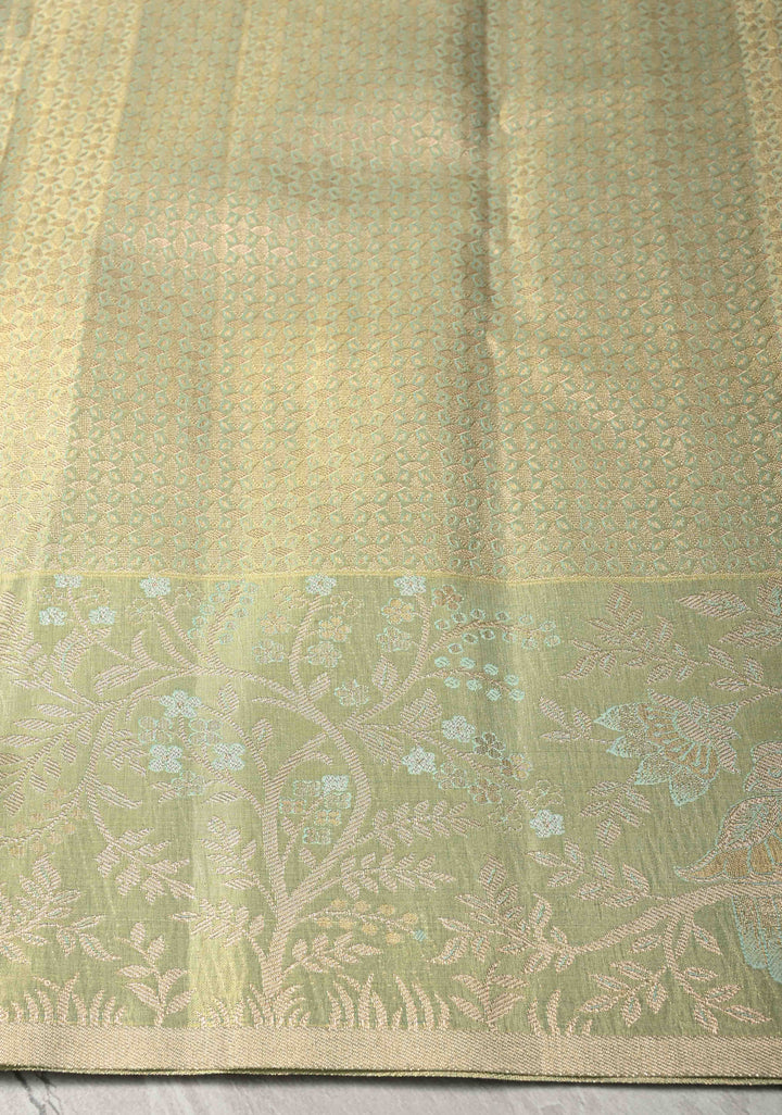 Orange Meenakari on Brocade Kanjivaram Tissue Semi Silk Saree with Swan Motifs and Zari Border