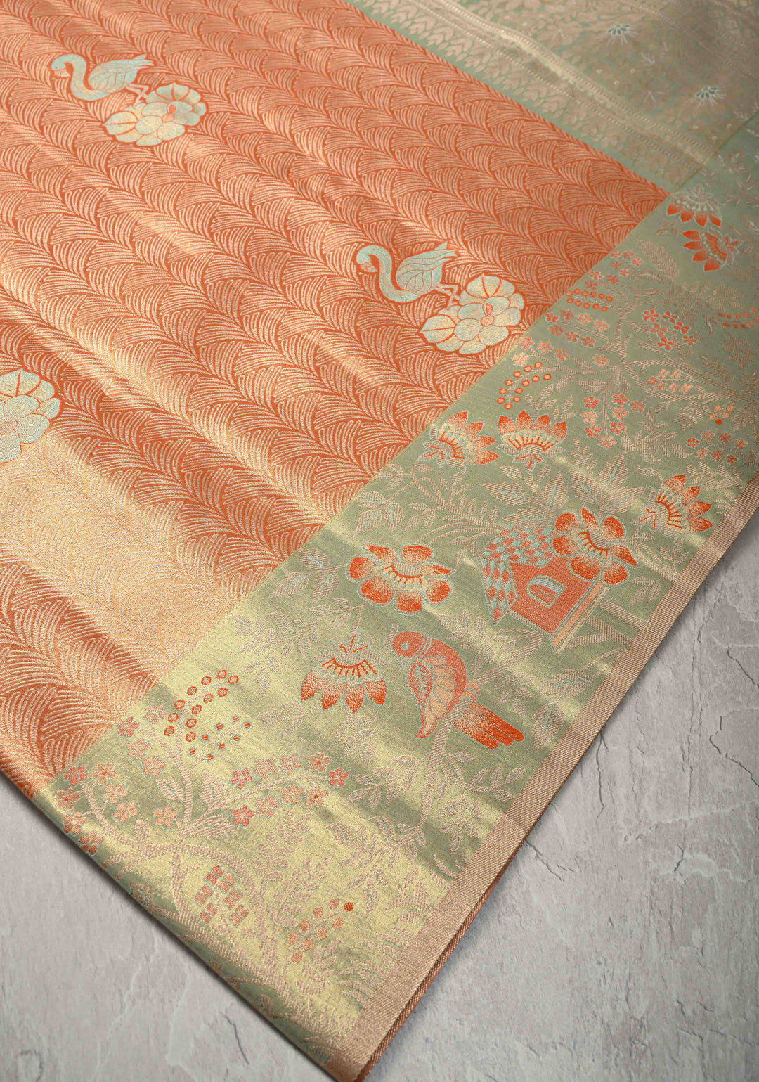 Orange Meenakari on Brocade Kanjivaram Tissue Semi Silk Saree with Swan Motifs and Zari Border