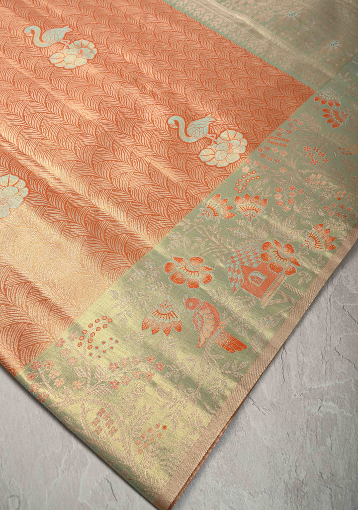 Orange Meenakari on Brocade Kanjivaram Tissue Semi Silk Saree with Swan Motifs and Zari Border