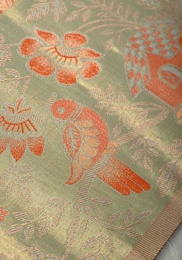 Orange Meenakari on Brocade Kanjivaram Tissue Semi Silk Saree with Swan Motifs and Zari Border