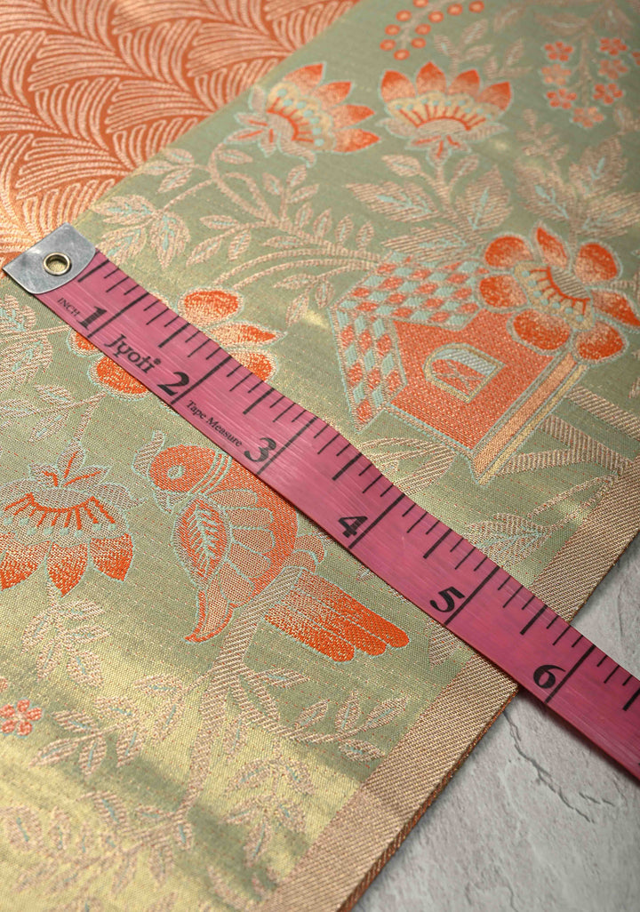 Orange Meenakari on Brocade Kanjivaram Tissue Semi Silk Saree with Swan Motifs and Zari Border