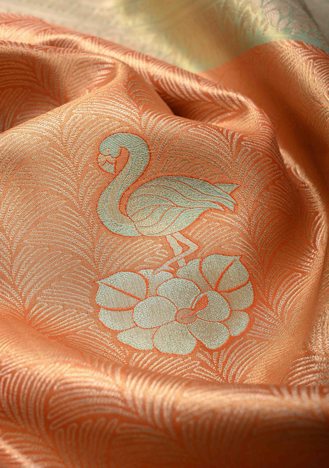 Orange Meenakari on Brocade Kanjivaram Tissue Semi Silk Saree with Swan Motifs and Zari Border