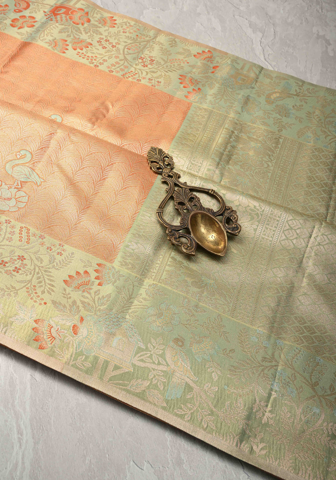 Orange Meenakari on Brocade Kanjivaram Tissue Semi Silk Saree with Swan Motifs and Zari Border