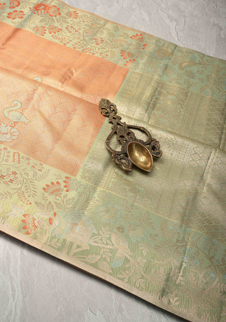 Orange Meenakari on Brocade Kanjivaram Tissue Semi Silk Saree with Swan Motifs and Zari Border
