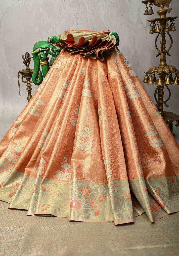 Orange Meenakari on Brocade Kanjivaram Tissue Semi Silk Saree with Swan Motifs and Zari Border