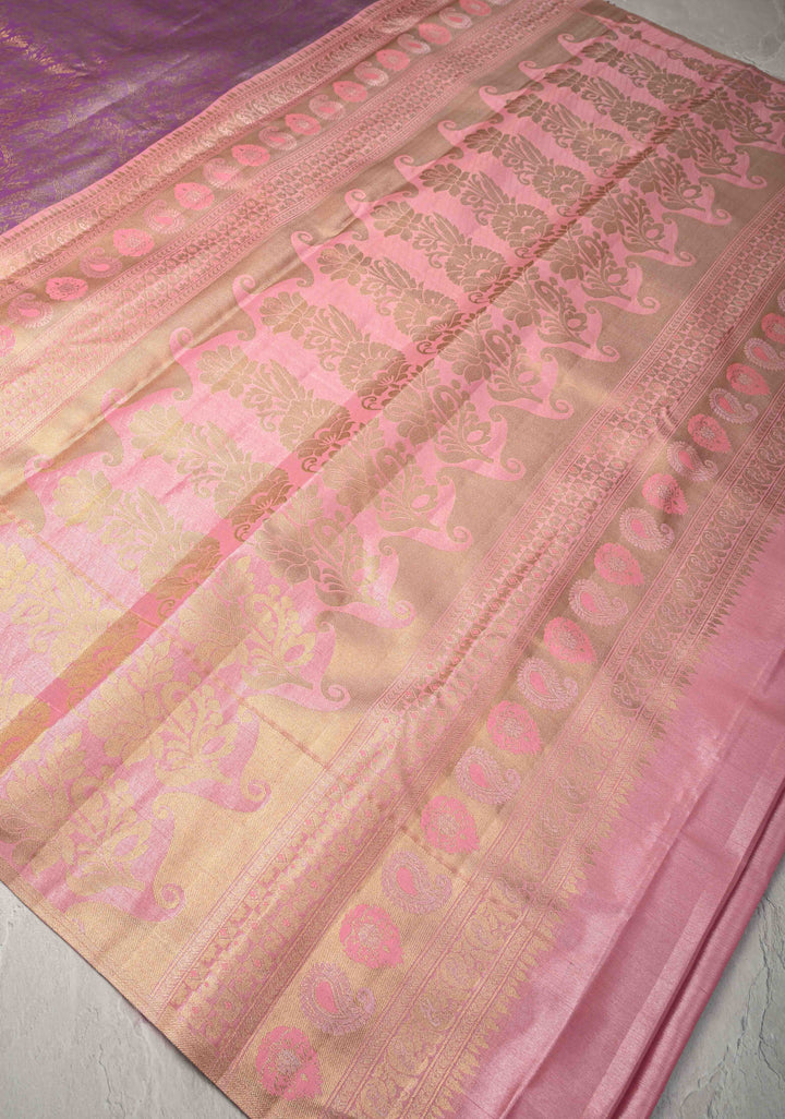 Lilac Kanjivaram Floral Brocade Semi Silk Saree With Contrast Meenakari Zari Border
