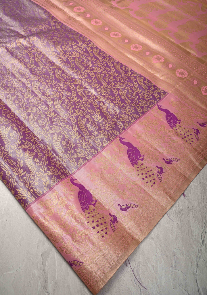 Lilac Kanjivaram Floral Brocade Semi Silk Saree With Contrast Meenakari Zari Border