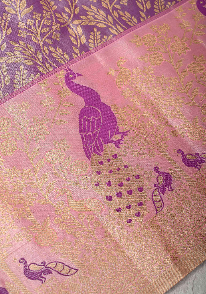 Lilac Kanjivaram Floral Brocade Semi Silk Saree With Contrast Meenakari Zari Border